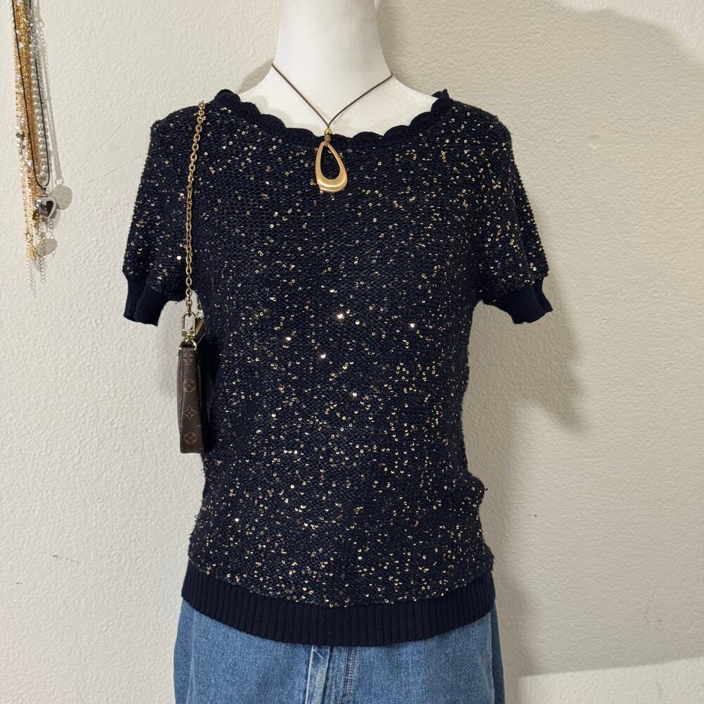 Navy blue and gold sequin knit scalloped neckline top